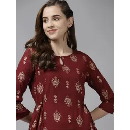 Indo Era Women Maroon & Beige Foil Print Keyhole Neck A-Line Kurta-picture-19