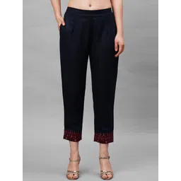 Indo Era Women Navy Blue Cigarette Trousers-picture-17