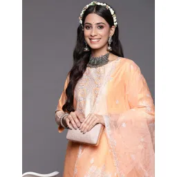 Indo Era Women Orange Ethnic Motifs Printed Liva Kurta with Trousers & With Dupatta-picture-24