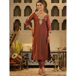 Indo Era Women Solid Embroidered Kurta with Trousers image 2