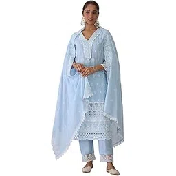 indo era Women's Embroidered Pure Cotton Kurta Pant With Dupatta Set-picture-28