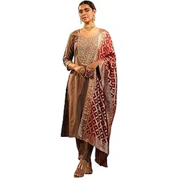 indo era Women's Silk Blend Yoke Floral Embroidered Straight Calf Length Kurta with Pant & Dupatta Set (IESTR10958)-picture-11
