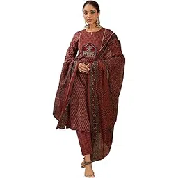 indo era Women's Straight Pure Cotton Ethnic Motifs Printed Kurta & Pant with Dupatta Set (IESTR10939)-picture-11