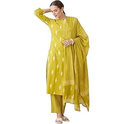 indo era Women's Straight Pure Cotton Geometric Printed Kurta & Pant with Dupatta Set (IESTR10487)-picture-56