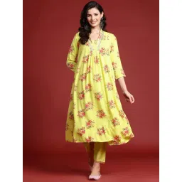 Indo Era Yellow Floral Print A Line Kurta-picture-47