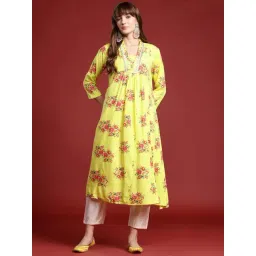 Indo Era Yellow Floral Print A Line Kurta-picture-10