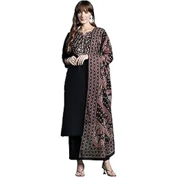 Womens Cotton Blend Embroidered Calf Length Straight Kurta Pant Dupatta Set (KH9BK9611)-image-6