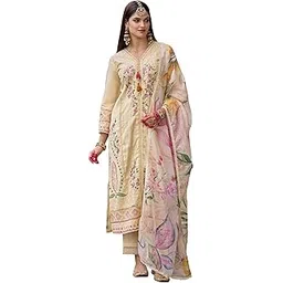 Women's Off White Silk Blend Embroidered Straight Kurta Pant And Dupatta Set (IEOUT6962)-image-3