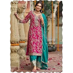 Womens Silk Blend Embroidered Straight Kurta Pant Dupatta Set (IEOUT10592)-image-5