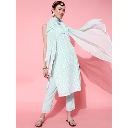 indo street Floraol Embroidered Thread Work Kurta With Trousers & Dupatta-picture-28