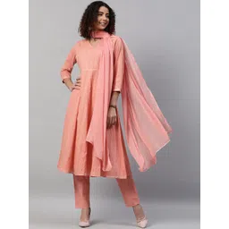 indo street Striped Anarkali Thread Work Pure Cotton Kurta with Trousers & Dupatta-picture-35