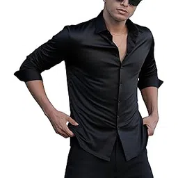 indoprimo Men's Casual Button Down Long Sleeve Satin Plain Shirt-picture-25