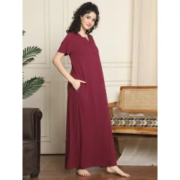 Indreams Women Maroon Solid Mandarin Collar Nightdress image 4