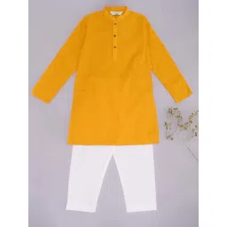 Indus Route by Pantaloons Boys Honey Mustard & White Cotton Solid Full Sleeves Kurta Sets-picture-35