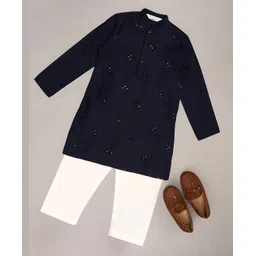 Indus Route by Pantaloons Cotton Full Sleeves Floral Embroidered Kurta Pyjama Set - Midnight Navy Blue-picture-40