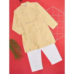 Indus Route by Pantaloons Kids Honey Mustard & White Embroidered Full Sleeves Kurta Set-picture-18