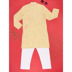 Indus Route by Pantaloons Kids Honey Mustard & White Embroidered Full Sleeves Kurta Set-picture-45