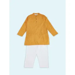 Indus Route by Pantaloons Kids Mustard & White Cotton Self Pattern Full Sleeves Kurta Set-picture-19