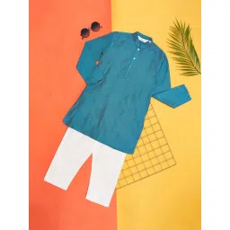 Indus Route by Pantaloons Kids Teal Blue & White Cotton Embroidered Full Sleeves Kurta Set image 1