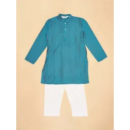 Indus Route by Pantaloons Kids Teal Blue & White Cotton Embroidered Full Sleeves Kurta Set image 2