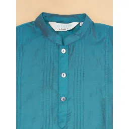 Indus Route by Pantaloons Kids Teal Blue & White Cotton Embroidered Full Sleeves Kurta Set image 4
