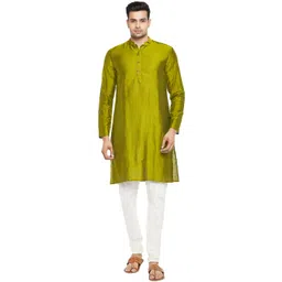 indus route by Pantaloons Men Olive Green Striped Thread Work Kurta-picture-32