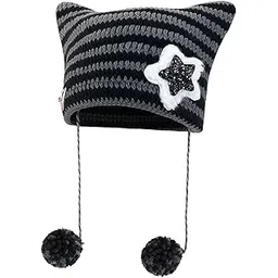 indusoire Winter Cap for Women, Cat Beanie, Striped Knit Hat for Teens and Young Women, Soft and Warm Hats, Perfect, Outdoor Adventures and Travel Black-picture-12