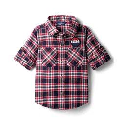 INFINITY Cotton Woven Full Sleeves Tartan Checked & 99 Number Patch Shirt - Navy Blue & Red-picture-34