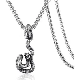 inites Silver Stainless Steel Trending Punk Mahakaal Shiva Animal Serpent Gothic Python Cobra Snake/Sarp Locket Pendant Necklace With Box Chain For Men & Women-picture-23
