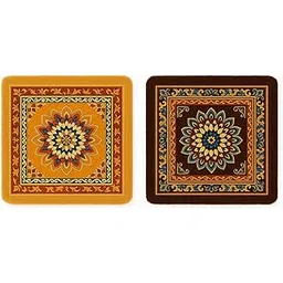 ink craft Mandala Design Floor Mat 24x24 Inch | Ethnic Printed Decorative Carpet for Home, Living Room & Pooja Room | Soft Velvet Texture with Anti-Slip Base (Beige-Brown, Pack of 2)-picture-29