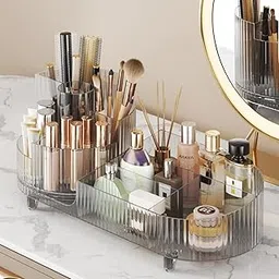 INOVERA (LABEL) Cosmetic Display Case | 360° Rotating Makeup Brush Holder | Countertop Bathroom Vanity Storage organizer (Transparent)-picture-49