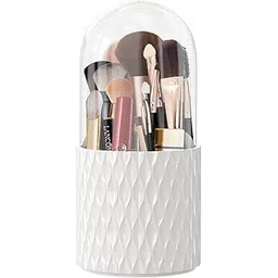 INOVERA (LABEL) 5 Slot Makeup Brush Holder | 360° Rotating Cosmetic Display Case Organizer Dustproof Brushes Storage Cases With Lid For Women Girls (White cosmetics)-picture-52