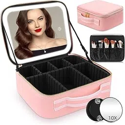 INOVERA (LABEL) Makeup Organizer Bag for Women, Girls & Bride - Travel Cosmetic Brushes Storage Kit with Removable Lighting Mirror and Adjustable Compartments - Toiletry Vanity Box Bags (Rose Gold)-picture-42