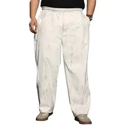 instafab Plus Men Gazed-Imprint Relaxed Trousers | Mid-Rise, Elasticated Stretch Waist | Pull On Closure, Straight Hem | Abstract Print Twill | Woven Fabric for Plus Size Casual White-picture-13