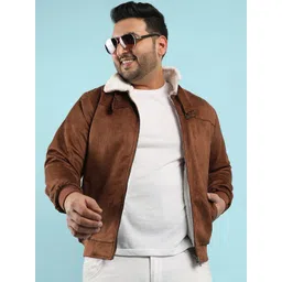Instafab Plus Men Brown Suede Windcheater Bomber Jacket-picture-12
