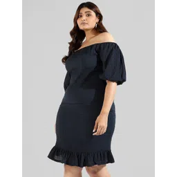 Instafab Plus Navy Blue Off-Shoulder Crepe Sheath Dress-picture-17