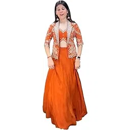 instrofab Ready To Wear Lehenga Saree & Koti Set for Womens Bollywood Fendy Chinon Silk fabric With Embrodery Therd Cording Sequons Work Orange-picture-41