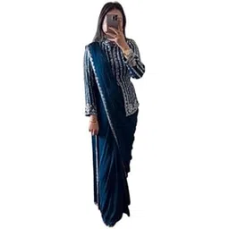 Ready To Wear Western Saree & Jacket Set For Womens Bollywood Style Rangoli Silk Fabric On Embrodery Coding Work Wedding Party New-image-49