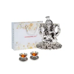 INTERNATIONAL GIFT Silver Pagdi Ganesh God Idol Statue With Hand Diya-picture-12