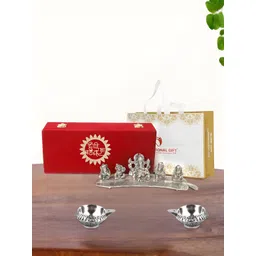 INTERNATIONAL GIFT Silver Plated Musical Ganesh Idol with 2 Diya and Box-picture-28