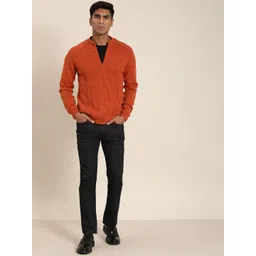 INVICTUS Men Rust Orange Self Design Cardigan Sweater-picture-17