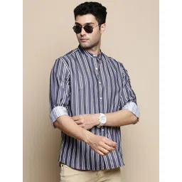 INVICTUS Sport Slim Fit Striped Band Collar Twill Weave Cotton Shirt-picture-16