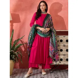 InWeave Boat Neck Regular A-Line Kurta with Palazzos & Dupatta-picture-37