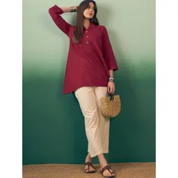 InWeave Mandarin Collar Pure Cotton A-Line Kurti with Trousers-picture-36