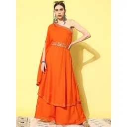 InWeave One Shoulder Mirror Work Belted A-Line Kurta with Palazzos-image-8