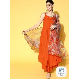 InWeave Shoulder Straps A-Line Kurta & Palazzos With Dupatta-image-6