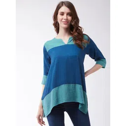 InWeave  Women Blue Colourblocked Pure Cotton A-Line Top-picture-23