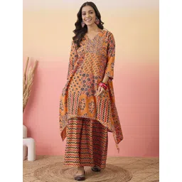 InWeave Women Ethnic Motifs Printed Cotton A-Line Kurta with Palazzo-image-10