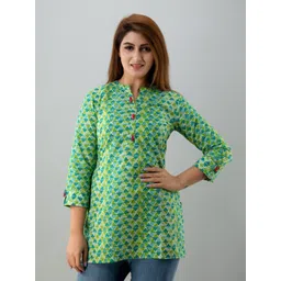 IRIDAA JAIPUR Green & White Mandarin Collar Printed Cotton Tunic-picture-26