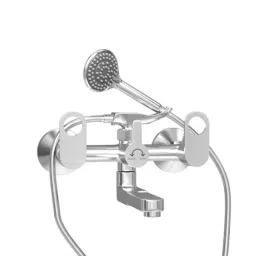 IRIS Geo Brass Polished Finish Silver Wall Mounted 2-in-1 Wall Mixer with Crutch, Multi Flow Hand Shower &a; 1.5m Stainless Steel Hose Pipe-picture-44